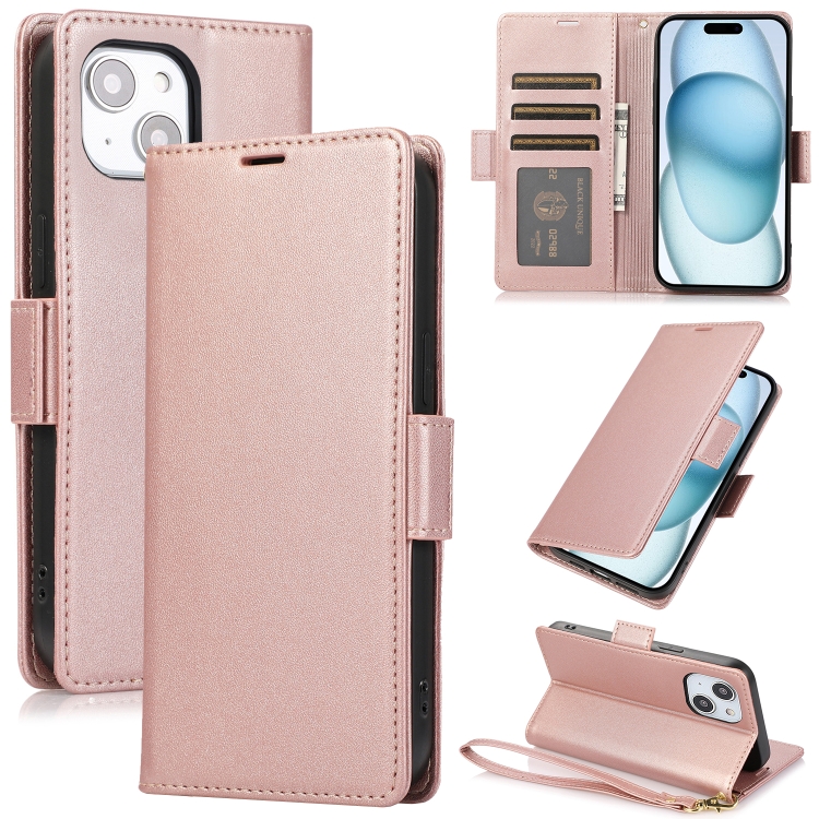 

For iPhone 15 Plus Side Buckle RFID Anti-theft Leather Phone Case(Rose Gold)