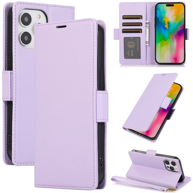 

For iPhone 15 Pro Max Side Buckle RFID Anti-theft Leather Phone Case(Light Purple)
