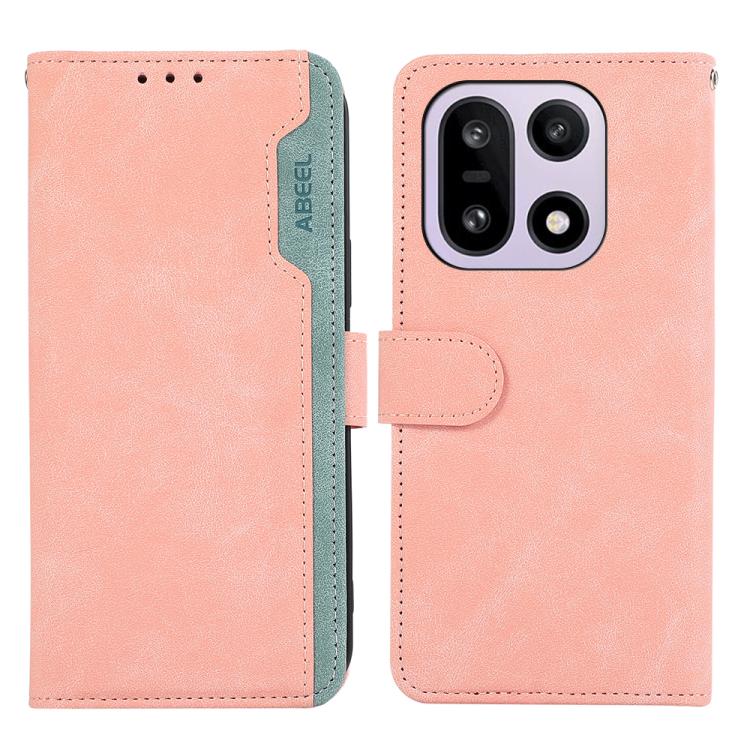 

For OnePlus 15 ABEEL Color Block Magnetic RFID Leather Phone Case(Pink-Cyan)