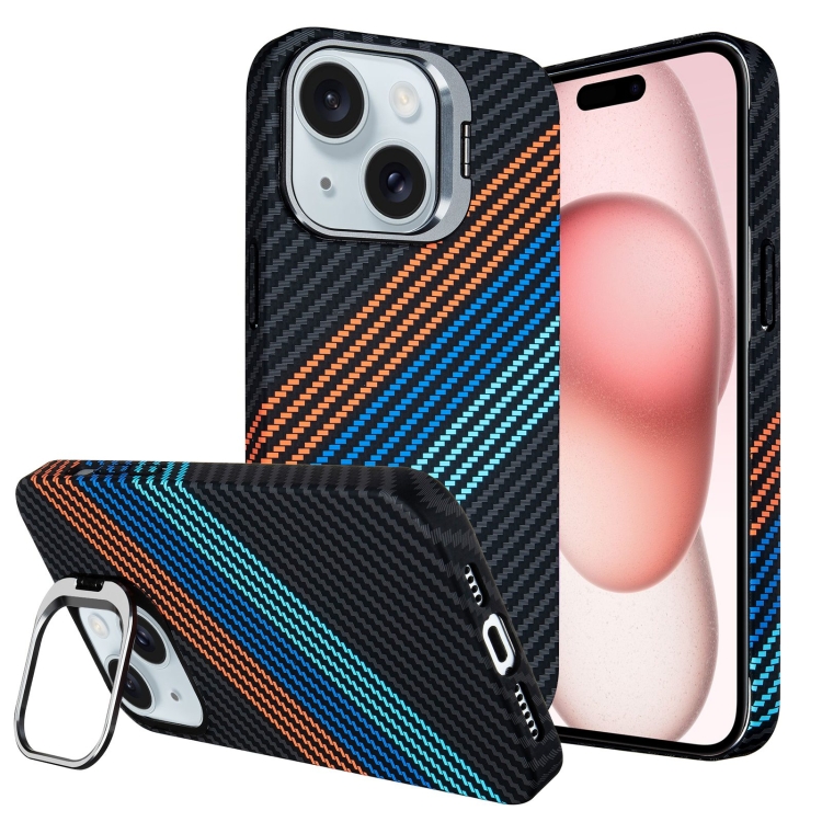 

For iPhone 15 Plus Carbon Fiber Lens Holder MagSafe Magnetic Phone Case(Black)