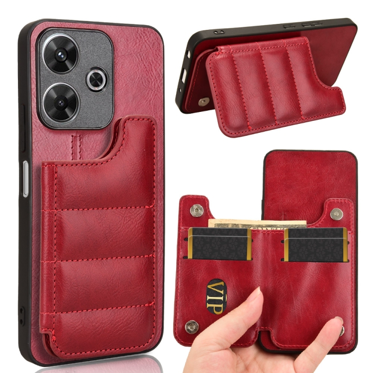 

For Redmi 13 4G / Note 13R 5G Cow Pattern Sewing Card Bag Phone Case(Red)