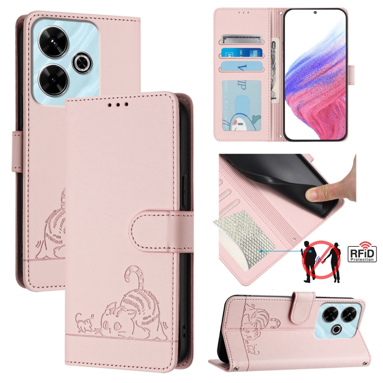 

For Redmi 13 4G Cat Rat Embossed Pattern RFID Leather Phone Case with Lanyard(Pink)