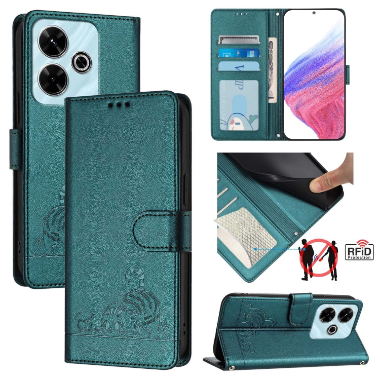 

For Redmi 13 4G Cat Rat Embossed Pattern RFID Leather Phone Case with Lanyard(Peacock Green)