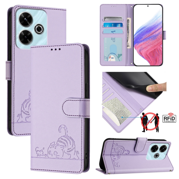 

For Redmi 13 4G Cat Rat Embossed Pattern RFID Leather Phone Case with Lanyard(Purple)