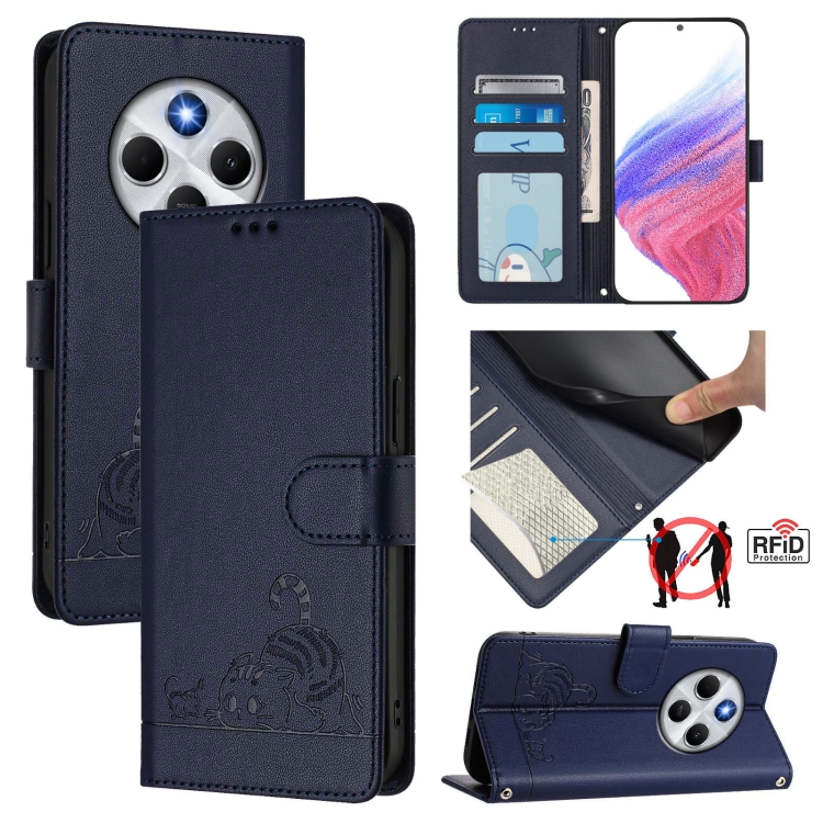 

For Redmi 14C 4G Cat Rat Embossed Pattern RFID Leather Phone Case with Lanyard(Blue)