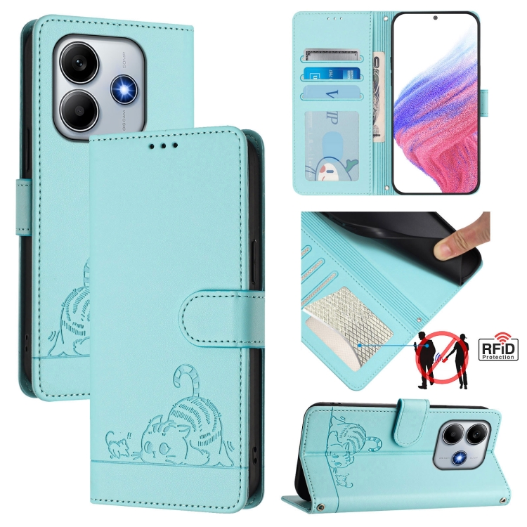 

For Redmi Note 14 5G Cat Rat Embossed Pattern RFID Leather Phone Case with Lanyard(Mint Green)