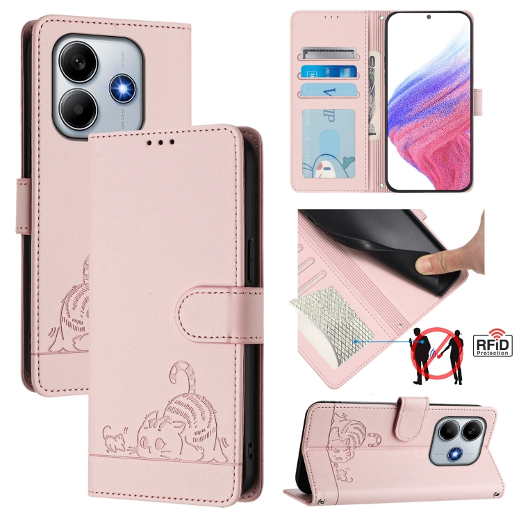 

For Redmi Note 14 5G Cat Rat Embossed Pattern RFID Leather Phone Case with Lanyard(Pink)