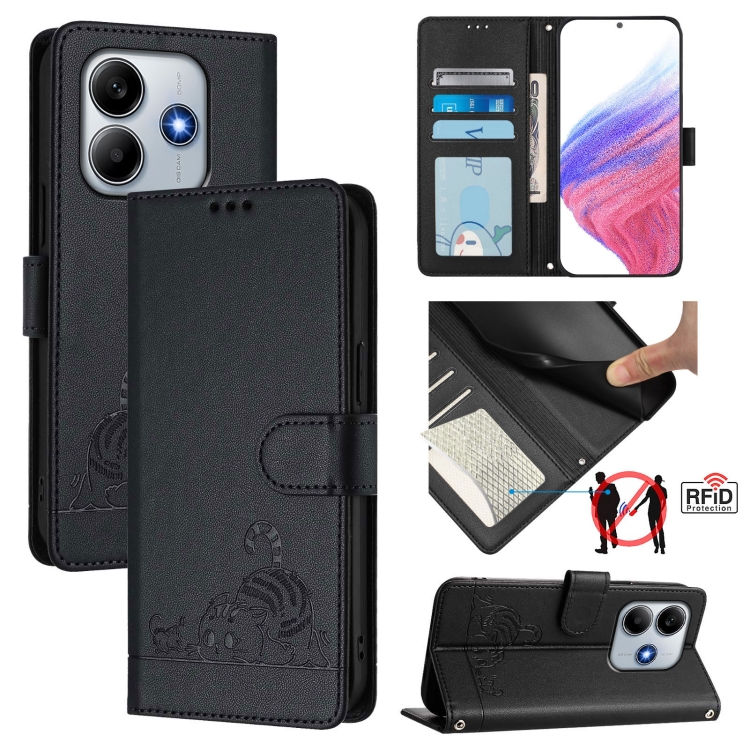 

For Redmi Note 14 5G Cat Rat Embossed Pattern RFID Leather Phone Case with Lanyard(Black)