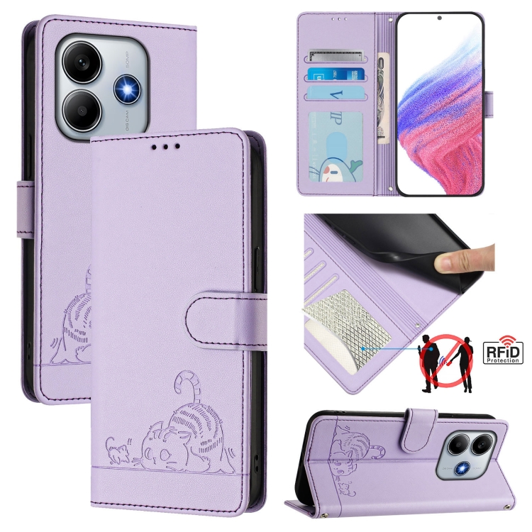 

For Redmi Note 14 5G Cat Rat Embossed Pattern RFID Leather Phone Case with Lanyard(Purple)