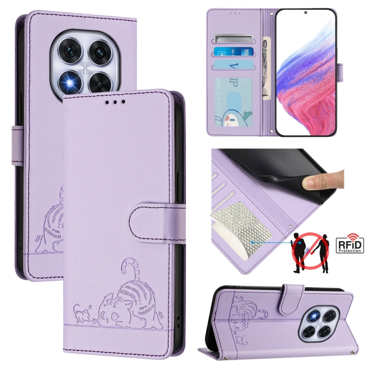 

For Redmi Note 14 Pro 5G Cat Rat Embossed Pattern RFID Leather Phone Case with Lanyard(Purple)