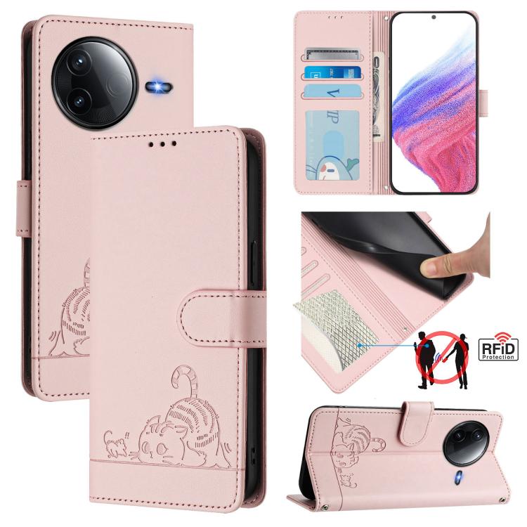 

For Redmi K80 5G / K80 Pro 5G Cat Rat Embossed Pattern RFID Leather Phone Case with Lanyard(Pink)
