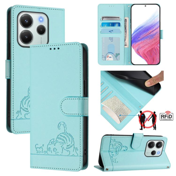 

For Redmi Note 14 4G 164.84mm Cat Rat Embossed Pattern RFID Leather Phone Case with Lanyard(Mint Green)