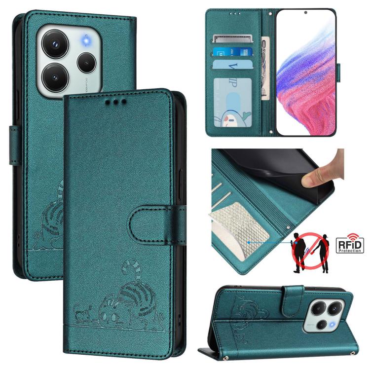 

For Redmi Note 14 4G 164.84mm Cat Rat Embossed Pattern RFID Leather Phone Case with Lanyard(Peacock Green)