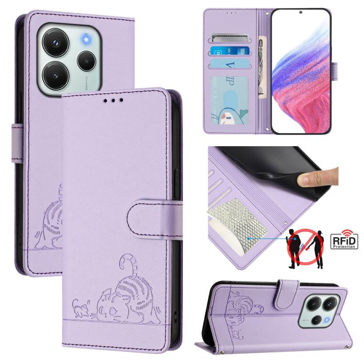 

For Redmi Note 14 4G 164.84mm Cat Rat Embossed Pattern RFID Leather Phone Case with Lanyard(Purple)