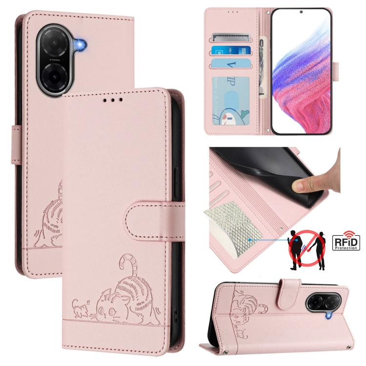 

For Redmi A5 4G 171.7mm / Poco C71 Cat Rat Embossed Pattern RFID Leather Phone Case with Lanyard(Pink)