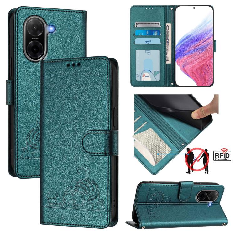 

For Redmi A5 4G 171.7mm / Poco C71 Cat Rat Embossed Pattern RFID Leather Phone Case with Lanyard(Peacock Green)