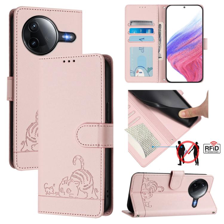 

For Redmi K80 / K80 Pro Cat Rat Embossed Pattern RFID Leather Phone Case with Lanyard(Pink)