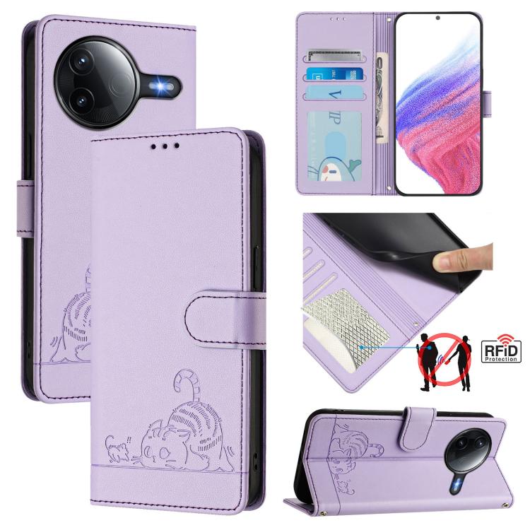 

For Redmi K80 / K80 Pro Cat Rat Embossed Pattern RFID Leather Phone Case with Lanyard(Purple)