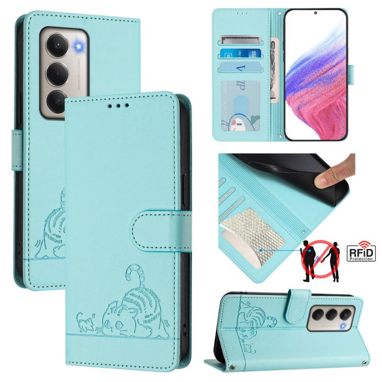 

For Redmi 15 5G Global / 15 4G SEA Cat Rat Embossed Pattern RFID Leather Phone Case with Lanyard(Mint Green)