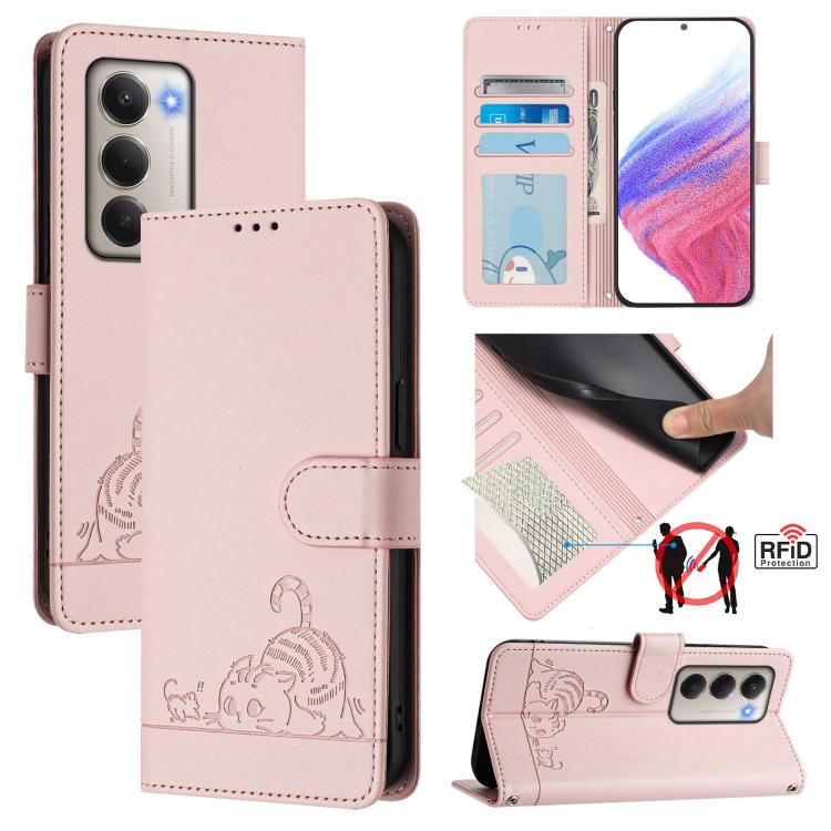 

For Redmi 15 5G Global / 15 4G SEA Cat Rat Embossed Pattern RFID Leather Phone Case with Lanyard(Pink)