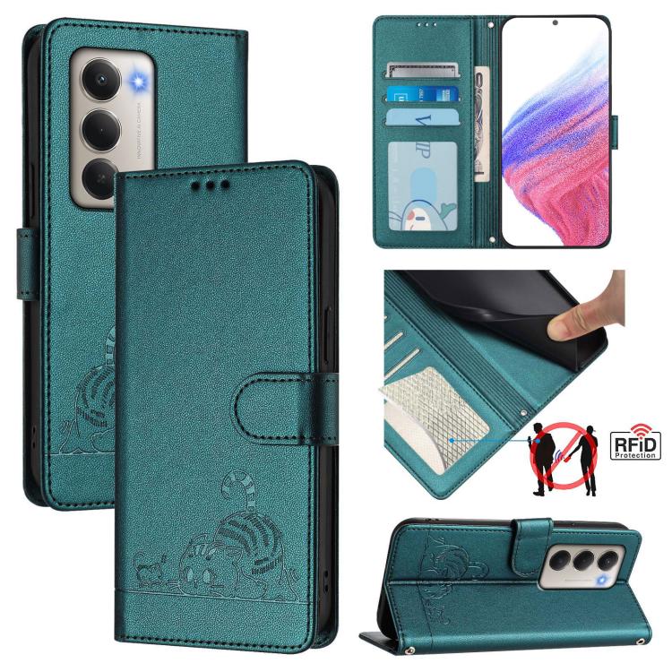 

For Redmi 15 5G Global / 15 4G SEA Cat Rat Embossed Pattern RFID Leather Phone Case with Lanyard(Peacock Green)