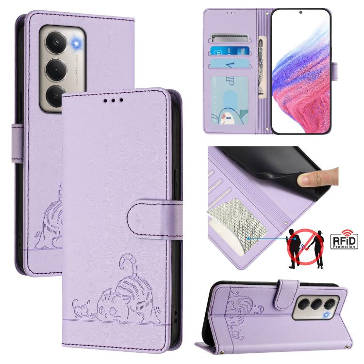 

For Redmi 15 5G Global / 15 4G SEA Cat Rat Embossed Pattern RFID Leather Phone Case with Lanyard(Purple)