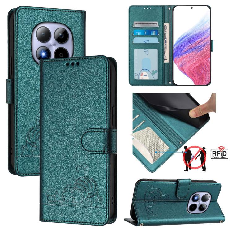 

For Redmi Note 15 Pro 5G Global 163.6mm Cat Rat Embossed Pattern RFID Leather Phone Case with Lanyard(Peacock Green)