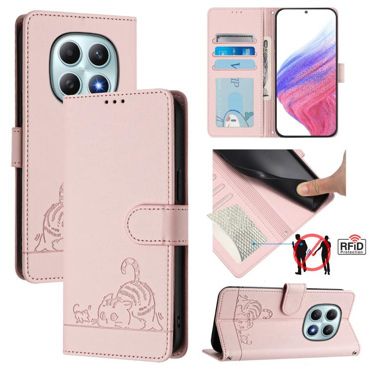 

For Redmi Note 15 5G Global 164mm Cat Rat Embossed Pattern RFID Leather Phone Case with Lanyard(Pink)