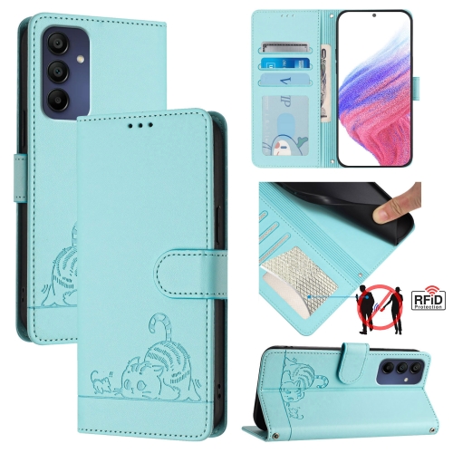 

For Samsung Galaxy A16 5G Cat Rat Embossed Pattern RFID Leather Phone Case with Lanyard(Mint Green)