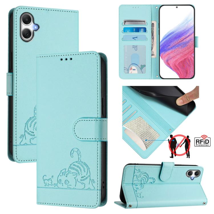 

For Samsung Galaxy A07 4G Cat Rat Embossed Pattern RFID Leather Phone Case with Lanyard(Mint Green)