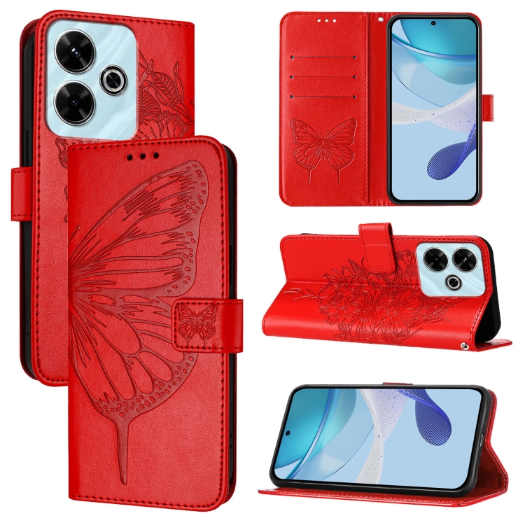 

For Redmi 13 4G Embossed Butterfly Leather Phone Case(Red)