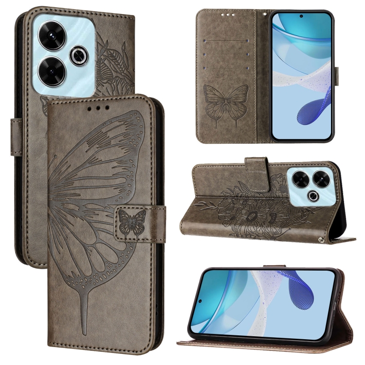 

For Redmi 13 4G Embossed Butterfly Leather Phone Case(Grey)