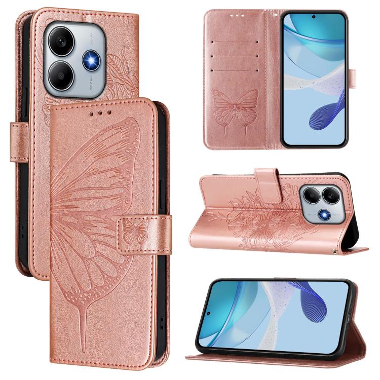 

For Redmi Note 14 4G 163.25mm Embossed Butterfly Leather Phone Case(Rose Gold)