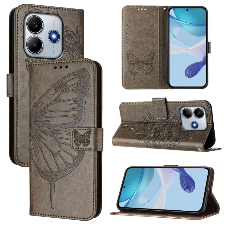

For Redmi Note 14 4G 163.25mm Embossed Butterfly Leather Phone Case(Grey)
