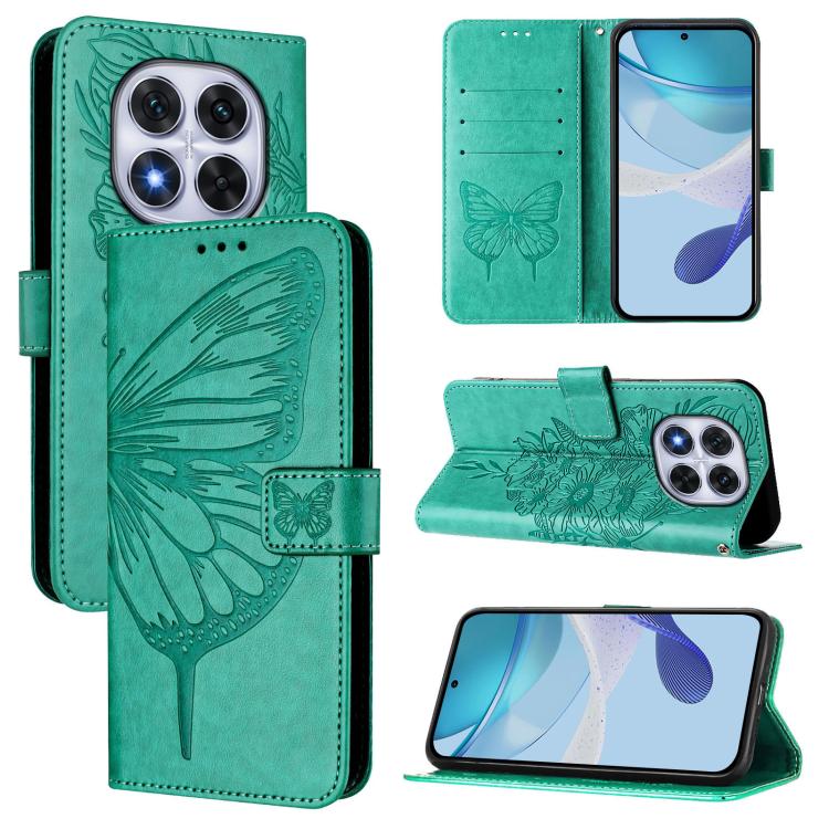 

For Redmi Note 14 Pro 4G Embossed Butterfly Leather Phone Case(Green)