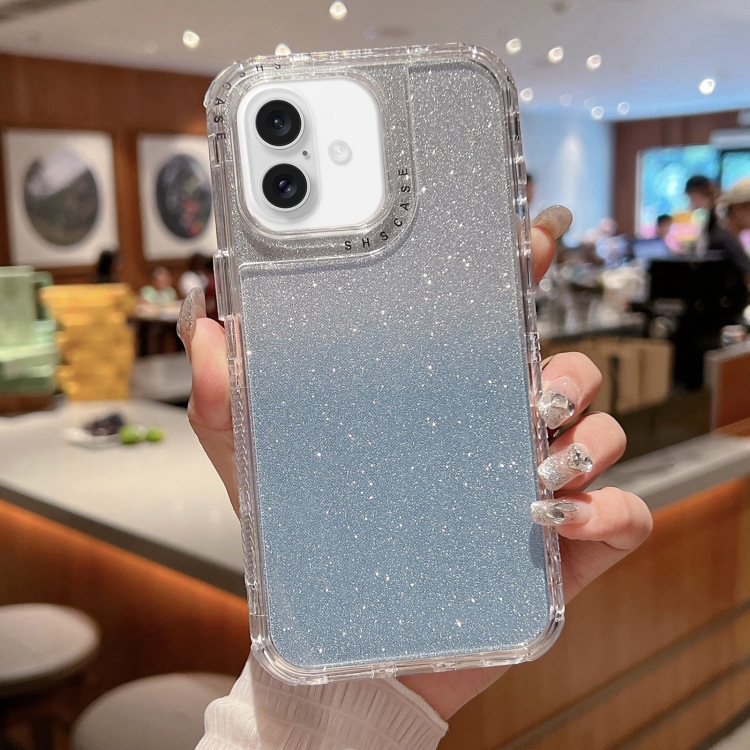 

For iPhone 16 Plus TPU + PC + Glitter Paper Full Coverage Phone Case(Blue)