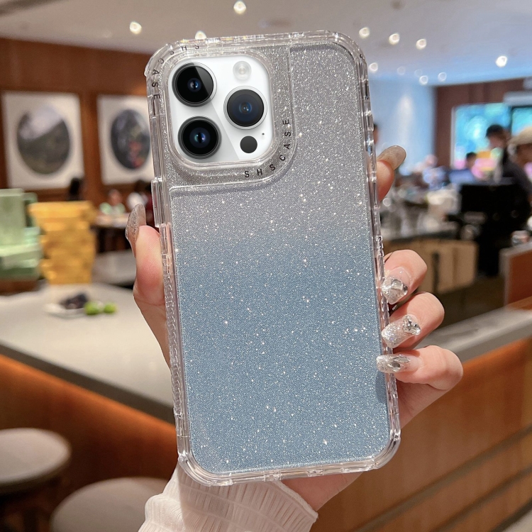 

For iPhone 13 Pro TPU + PC + Glitter Paper Full Coverage Phone Case(Blue)