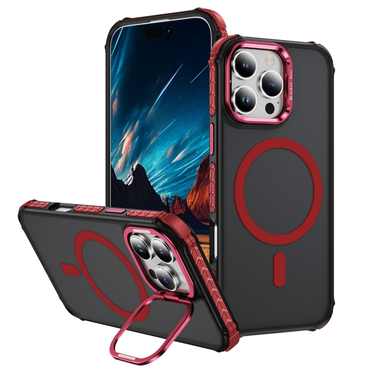 

For iPhone 16 Pro Rainbow Series Skin Feel MagSafe Lens Holder Phone Case(Red)