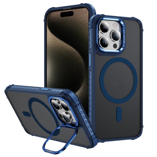 

For iPhone 15 Pro Rainbow Series Skin Feel MagSafe Lens Holder Phone Case(Blue)