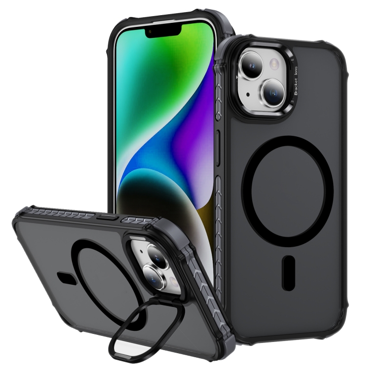 

For iPhone 14 Plus Rainbow Series Skin Feel MagSafe Lens Holder Phone Case(Black)