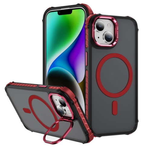 

For iPhone 14 Plus Rainbow Series Skin Feel MagSafe Lens Holder Phone Case(Red)