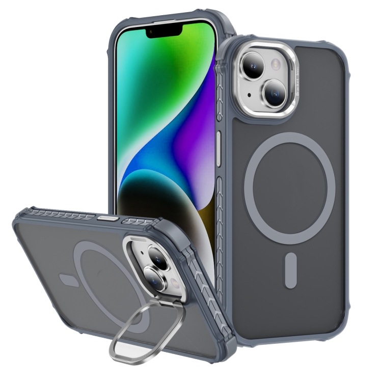 

For iPhone 14 Plus Rainbow Series Skin Feel MagSafe Lens Holder Phone Case(Grey)
