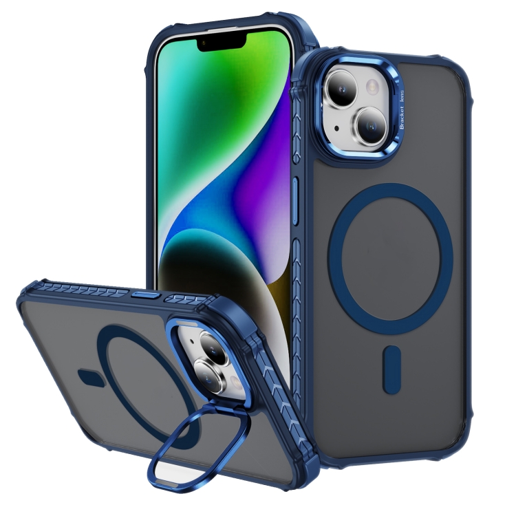 

For iPhone 14 Plus Rainbow Series Skin Feel MagSafe Lens Holder Phone Case(Blue)