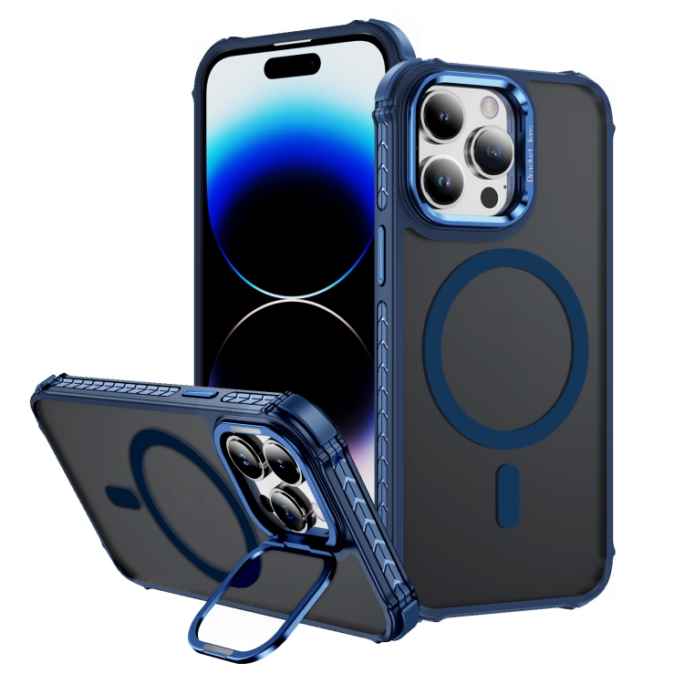

For iPhone 14 Pro Rainbow Series Skin Feel MagSafe Lens Holder Phone Case(Blue)