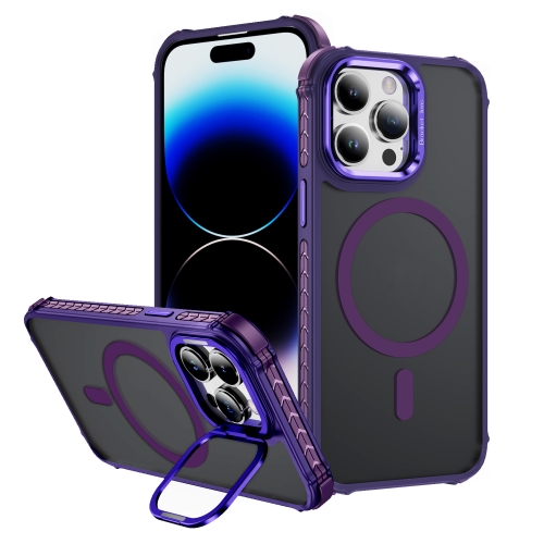 

For iPhone 14 Pro Rainbow Series Skin Feel MagSafe Lens Holder Phone Case(Dark Purple)