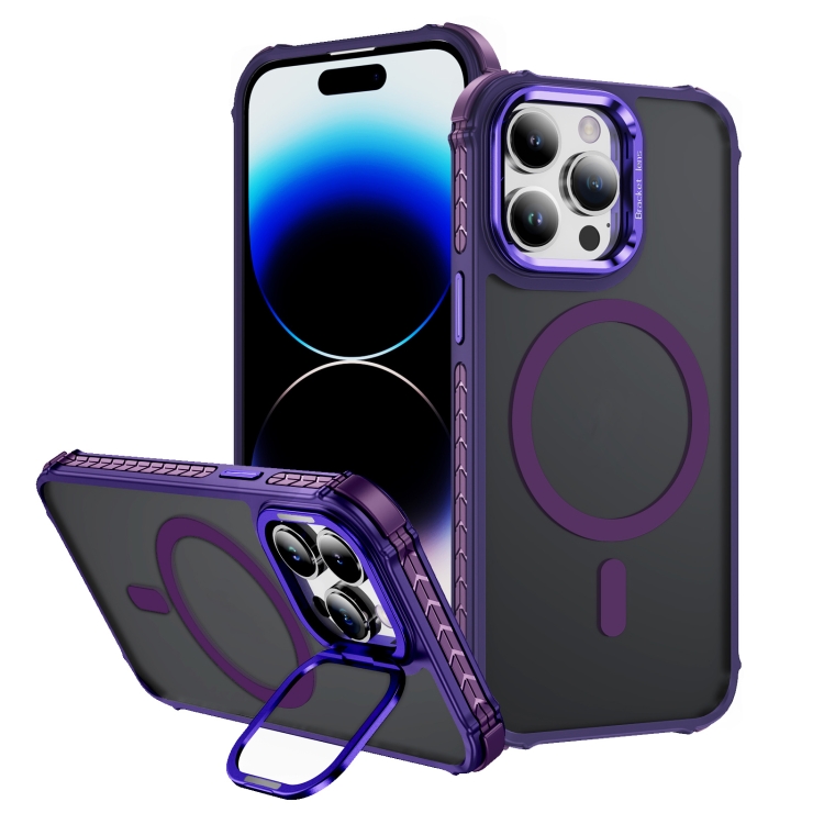 

For iPhone 14 Pro Max Rainbow Series Skin Feel MagSafe Lens Holder Phone Case(Dark Purple)