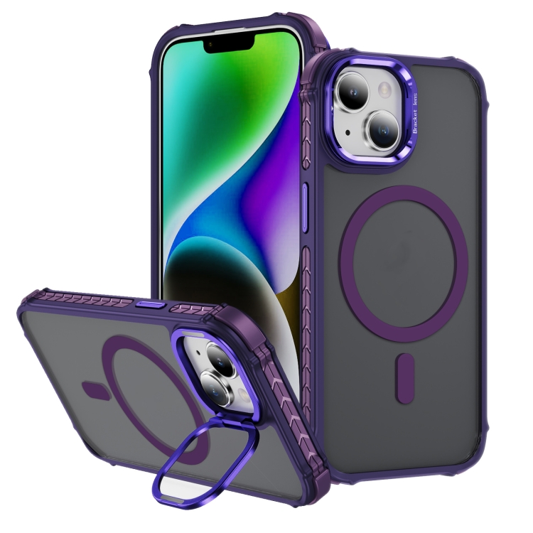

For iPhone 13 Rainbow Series Skin Feel MagSafe Lens Holder Phone Case(Dark Purple)