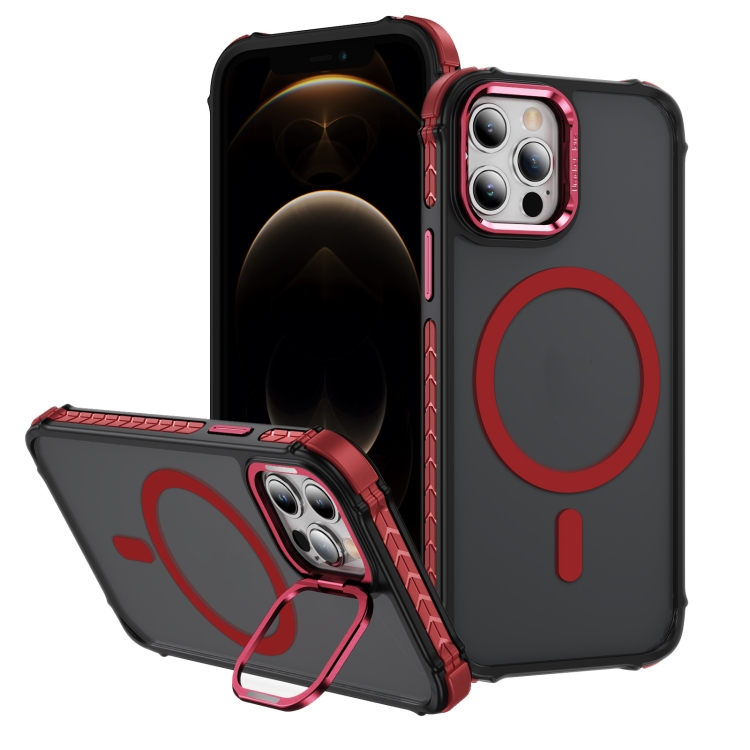 

For iPhone 12 Pro Rainbow Series Skin Feel MagSafe Lens Holder Phone Case(Red)