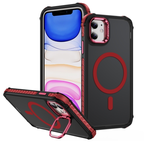 

For iPhone 11 Rainbow Series Skin Feel MagSafe Lens Holder Phone Case(Red)