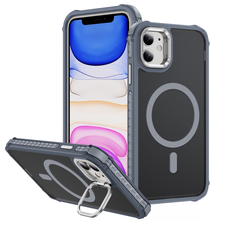 

For iPhone 11 Rainbow Series Skin Feel MagSafe Lens Holder Phone Case(Grey)